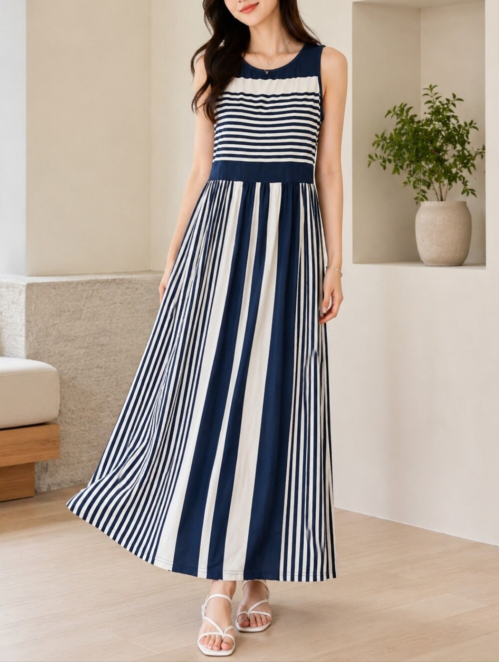 Hount Navy and White Striped Sleeveless Maxi Dress